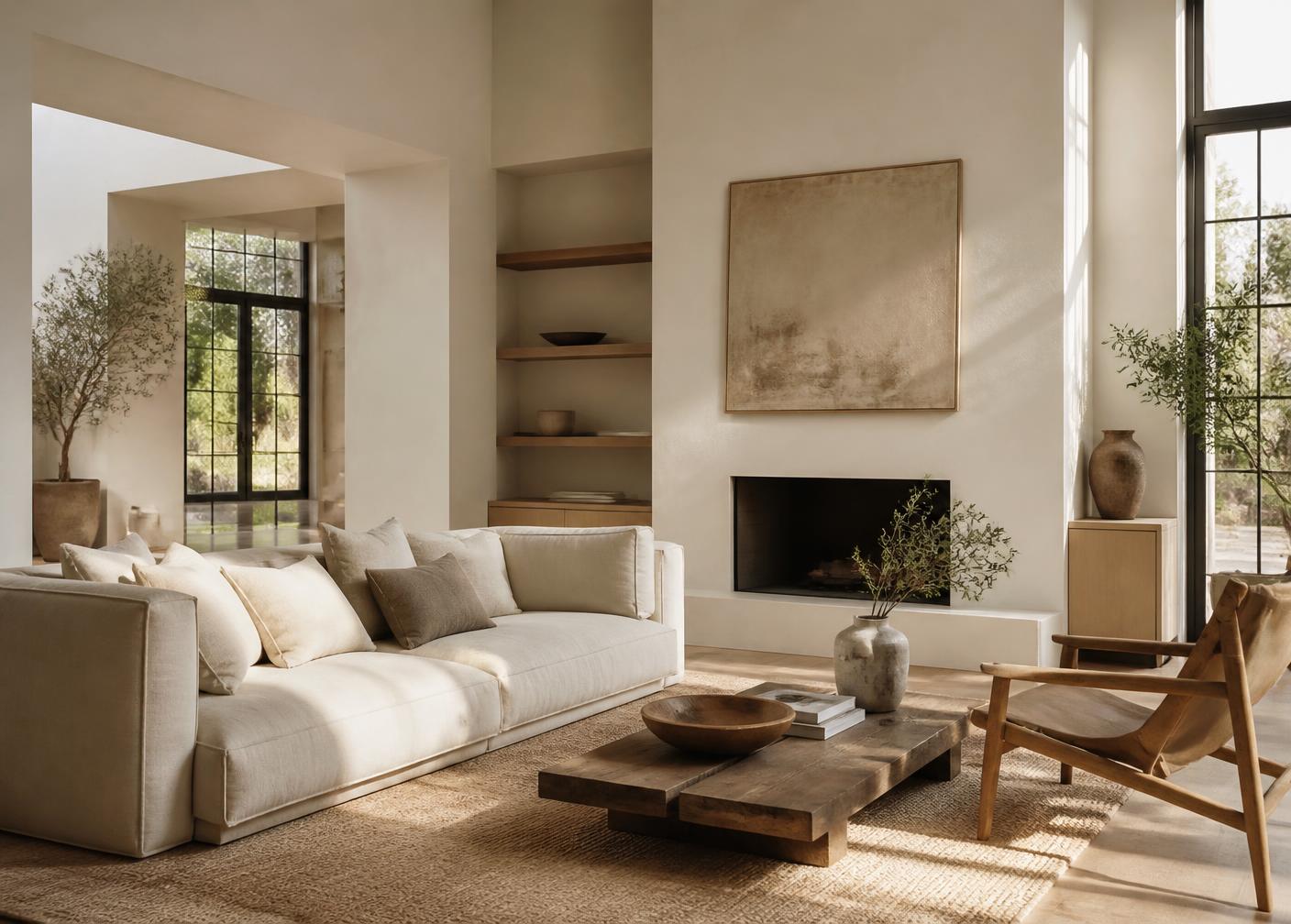 Sunlit living room with large windows, a cream sofa, and a built-in fireplace